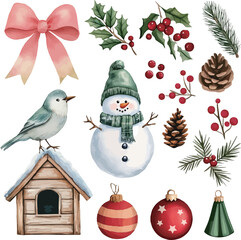 Christmas elements clipart and snowman isolated on transparent background