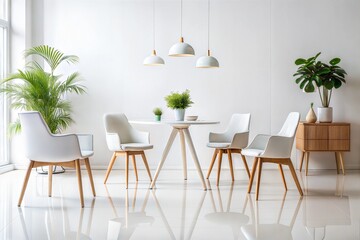 Fototapeta premium Modern minimalist dining room with nordic furniture and indoor plants