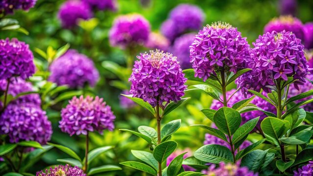 Vibrant purple loroco flowers bloom amidst lush green foliage, showcasing delicate, intricate patterns and adding a pop of color to the surrounding natural landscape.