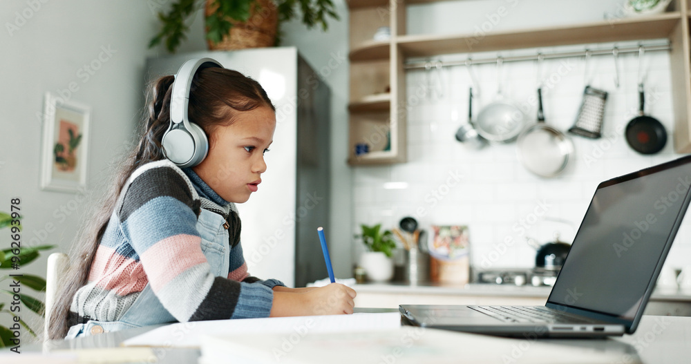 Poster child, laptop and writing for e learning in online academy in homeschooling with reading for lesson.