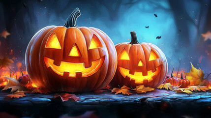 Fototapeta premium Two jack-o'-lanterns light up the night with glowing smiles.