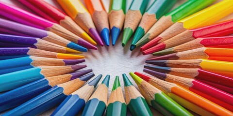 Fototapeta premium Closeup of multicolored pencil tips arranged in a circular pattern, colorful, pencils, tips, circular, arrangement