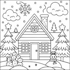Cozy Winter Cabin with Snowman for Coloring Books and Craft Projects
