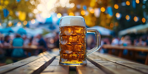 Banner with beer mug with blue and white Oktoberfest festival flags in background