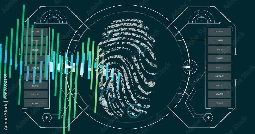 Poster scanning fingerprints and analyzing data on digital interface animation