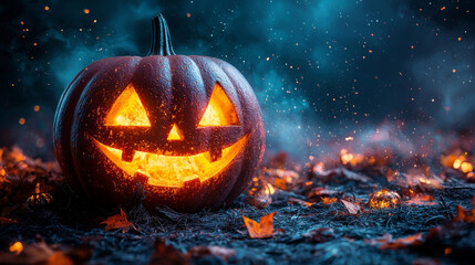 Fototapeta premium A jack-o'-lantern glows in the darkness.