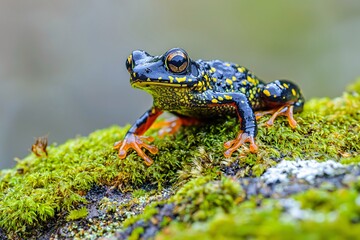 Fototapeta premium A delicate, slender amphibian rests on a moss-covered stone, displaying its strikingly textured skin and vivid hues.