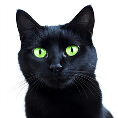A black cat with glowing green eyes, Halloween theme, dark and mystical, isolated on white background