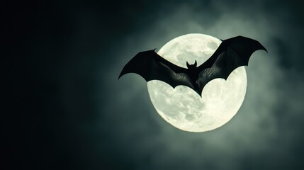 Bat Silhouette Flying in Front of the Full Moon.