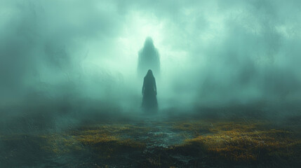 A figure stands alone in a foggy forest.