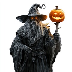 Fototapeta premium A dark wizard holding a glowing pumpkin staff, Halloween fantasy RPG theme, isolated on white background