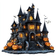 Fototapeta premium A haunted castle with glowing jack-o'-lanterns, Halloween fantasy RPG theme, eerie and mystical, isolated on white background