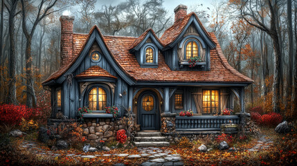 Fototapeta premium A charming cottage with warm lights glows in the misty woods.