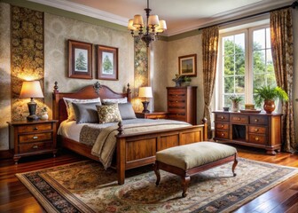 Cozy And Inviting Bedroom Featuring Vintage Wooden Furniture, Soft Textiles, And Intricate Patterns, Creating A Timeless And Elegant Ambiance.