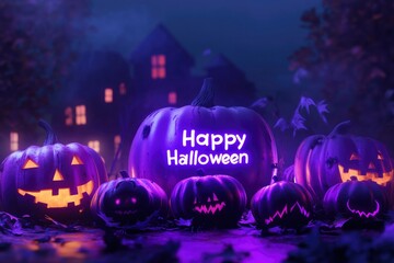 "Happy Halloween" purple text Effect helloween concept text, 3d rendering with generative ai