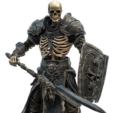A skeleton warrior in Halloween-themed armor, fantasy RPG style, dark and mysterious, isolated on white background