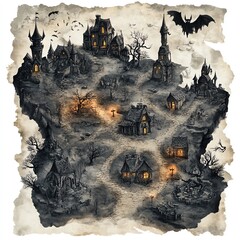A spooky quest map with haunted locations, Halloween fantasy RPG theme, dark and eerie, isolated on white background