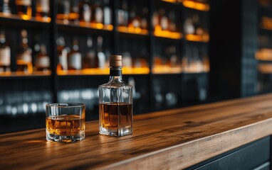A stylish bar scene featuring a whiskey bottle and a glass filled with amber liquid on a rustic wooden counter.