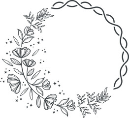 Frame of garden rose with stem and leaves. Hand drawn sketch. Vector illustration.