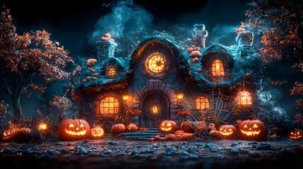 Obraz premium Spooky cottage with glowing jack-o'-lanterns.