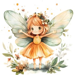 Cute watercolor fairy with floral crown and wings in a vibrant  whimsical natural environment