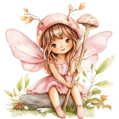 Cute Fantasy Fairy in Whimsical Watercolor Woodland Scene