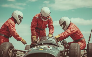 Race car pit crew working on a vehicle during a thrilling motorsport event under a clear blue sky.