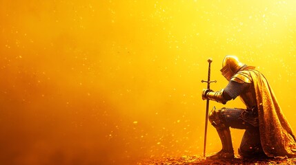 A solitary knight kneels in a golden haze, sword poised, embodying valor and contemplation in a mythical atmosphere.