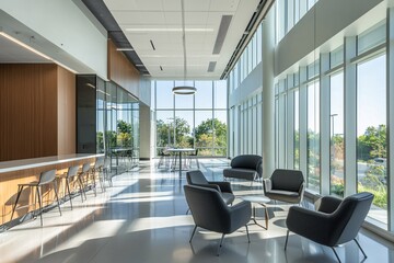 Fototapeta premium A spacious, light-filled workspace with sleek design and streamlined furnishings that boosts efficiency.