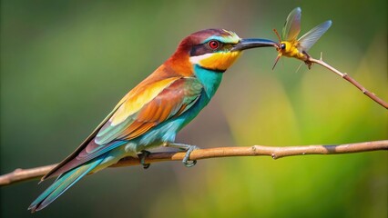 Fototapeta premium European bee-eater catching and devouring a dragonfly, European bee-eater, Merops apiaster, flying, hunting, predator