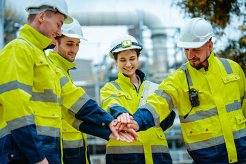 Group of workers teamwork Industry in oil refinery equipment Check and check the condition of the machinery system , Engineering concept.