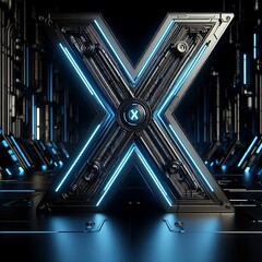 Futuristic letter X made of metal with glowing blue lines.