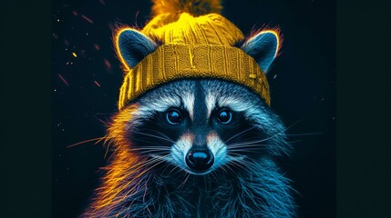 Fototapeta premium A playful raccoon wears a yellow knitted hat, illuminated against a dark night backdrop. The vibrant colors and cute expression create a charming and whimsical scene, perfect for children's content