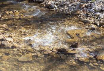 shallow mountain river, staritsa and nature walks, spring day