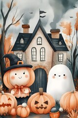 Adorable Pumpkin Ghost and Witch Animals in Minimalist Watercolor Halloween Scene