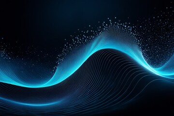 Abstract blue wave with lines and particles on a dark background.