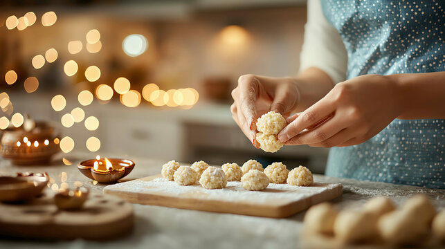 Woman preparing sweets in a traditional kitchen, shaping ladoos by hand, with a festive setup of Diwali lights and decorations around, homemade sweets, Diwali preparations
