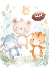Watercolor of Cute Animals Playing Football in a Minimalistic Style with Pastel Colors and Clean