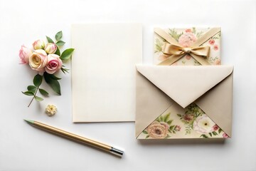 Floral stationery set with envelope, note card, roses, pen on white background