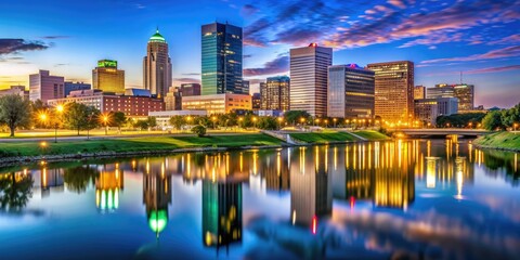 Naklejka premium Downtown Omaha skyline at dusk with illuminated buildings and reflections in the Missouri River, Omaha, Nebraska