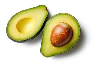 close up avocado fruit slice isolated on white background. Top view. Flat lay, ai
