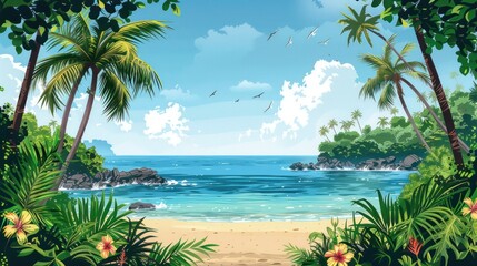 The beach is filled with palm trees and other tropical plants, and the sand is light brown. The ocean is a beautiful blue color with white waves crashing on the shore.