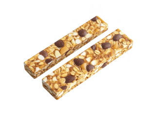 Two Delicious Chocolate Chip Caramel Oat Bars on White Background