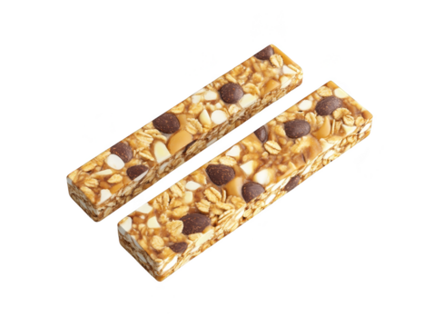 Two Delicious Chocolate Chip Caramel Oat Bars on White Background
