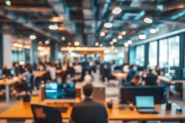 Obraz premium Hyperlapse video of a busy modern business office, blurred view. Many people Inside office. Blurred background. Modern open space office interior or call centre with generative ai