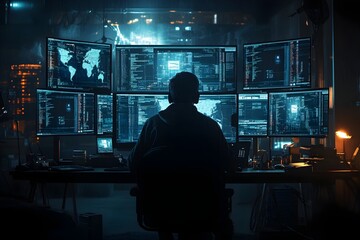 Cybersecurity Expert Analyzing Critical Digital Security Breach on Multiple Monitors in Dark Room
