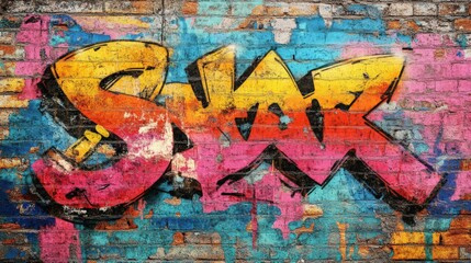Obraz premium Colorful graffiti art on a brick wall featuring bold, vibrant design with text elements, showcasing urban street culture.