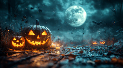 Naklejka premium Spooky jack-o'-lanterns glow under a full moon.