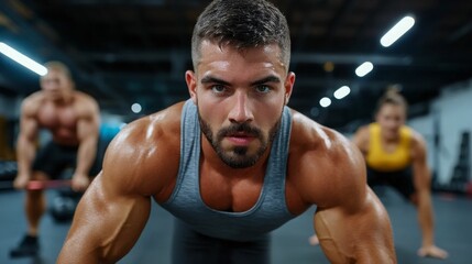 Fototapeta premium A man performs a push-up, his intense gaze locked in concentration during his workout.
