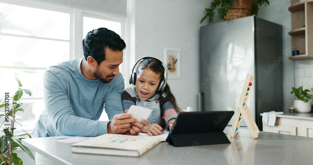 Poster tablet, education and dad with child in home for online learning, school project or math lesson. fam